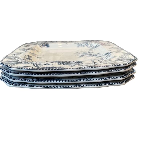 222 Fifth Adelaide Blue Salad Plates 8.5in Square Set of 4 Bird & Floral Design - Picture 5 of 7